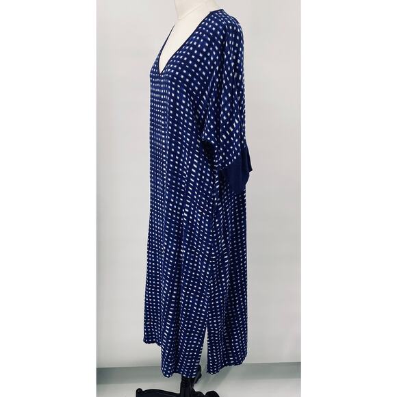 Natori Kaftan Midi Dress V Neck Domlan Sleeve Relaxed Fit Printed Blue White S - Picture 3 of 8